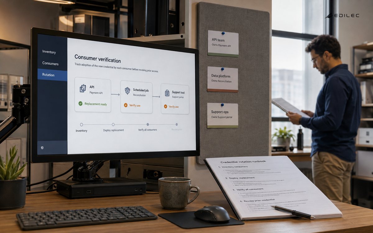 A rotation runbook and consumer-owner cards accompany a monitor showing credential-consumer verification.