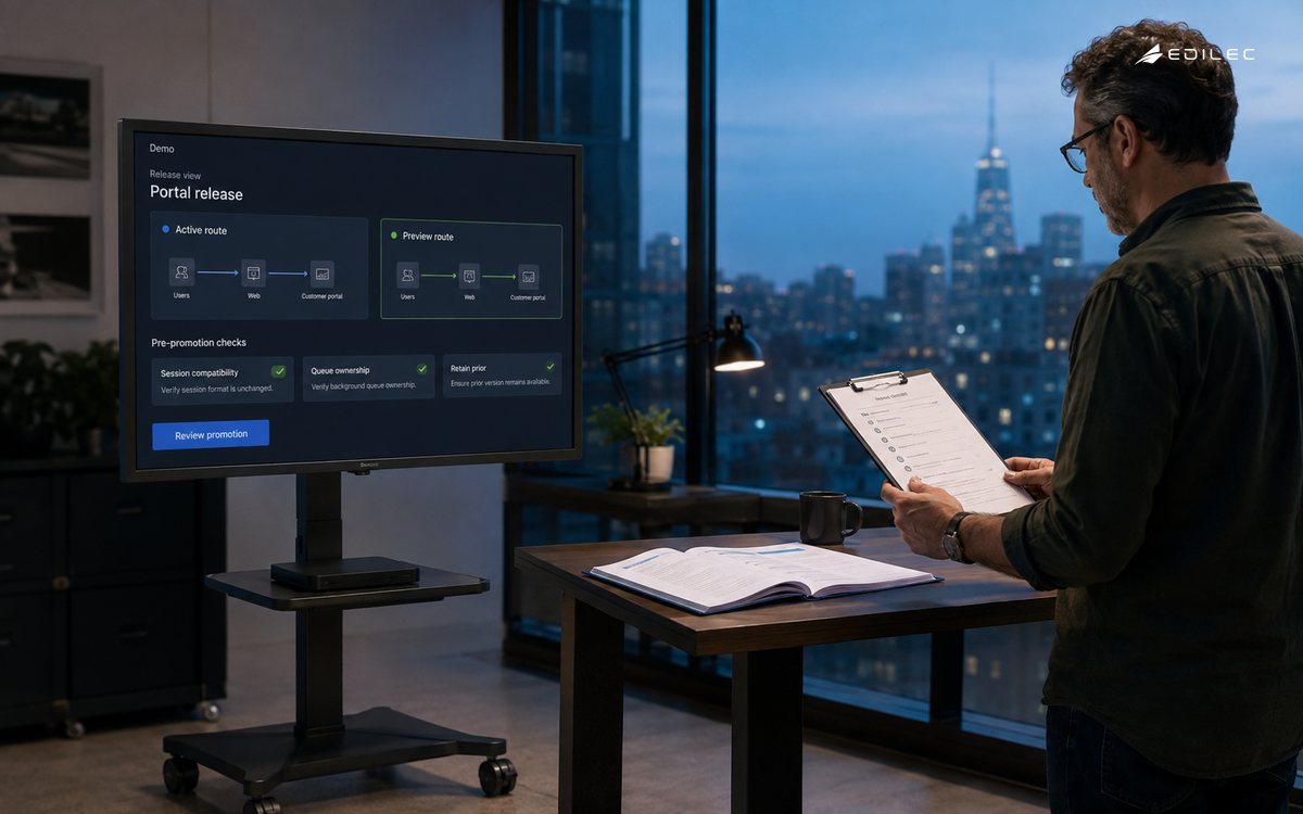 A release owner reviews session and queue checks beside a monitor separating active and preview portal routes.