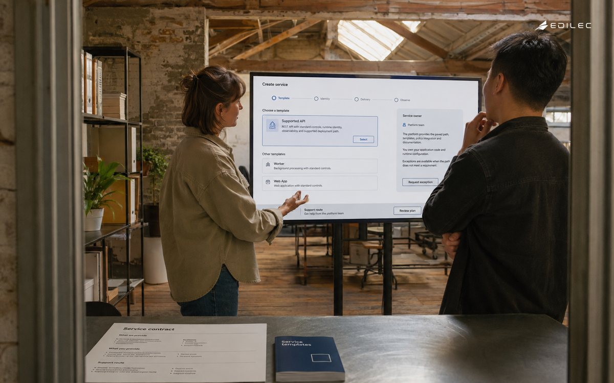 Standing engineers review a service-creation portal beside a printed support contract in a loft project bay.