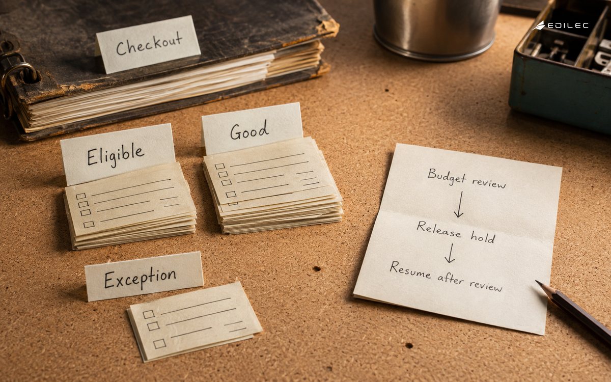 Checkout-event slips sit under eligible and good dividers beside a release-policy card.
