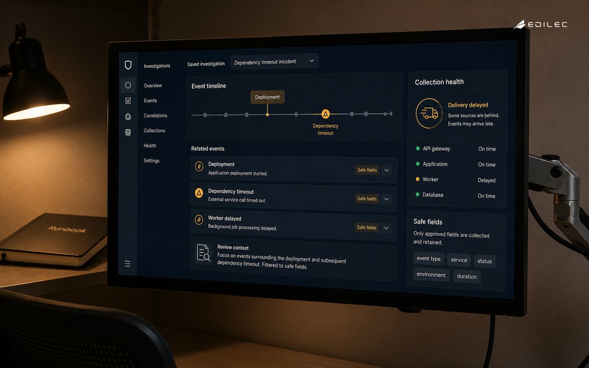 A mounted monitor shows a saved log investigation linking deployment context, a timeout and collection health.