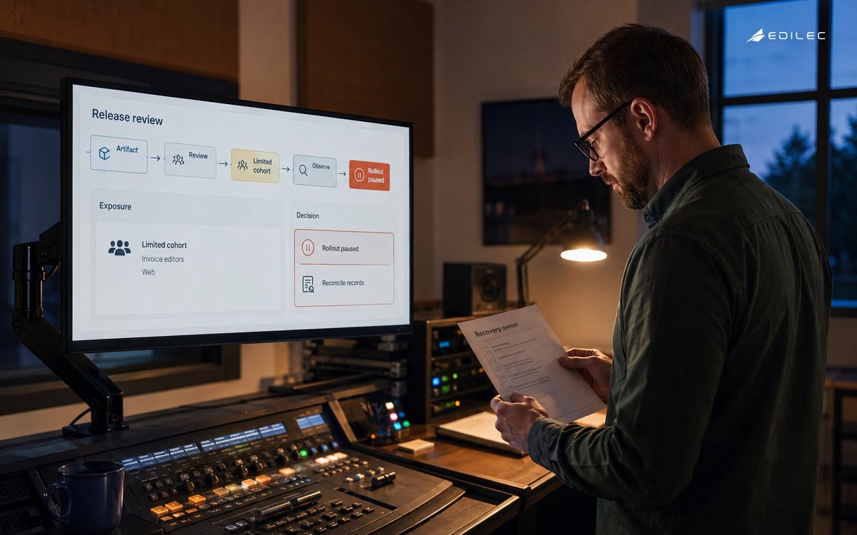 A release owner checks a recovery sheet beside a cohort-review screen in a media-production room.