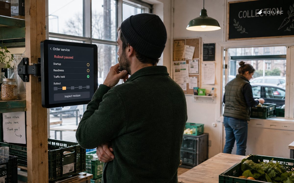 An engineer reviews a paused service rollout beside the collection hatch of a food cooperative.