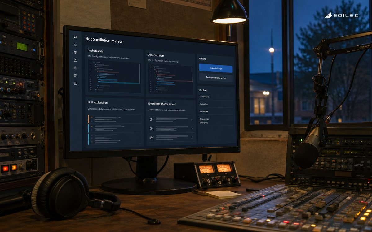 A GitOps review links a radio service's desired state, observed state and emergency record.