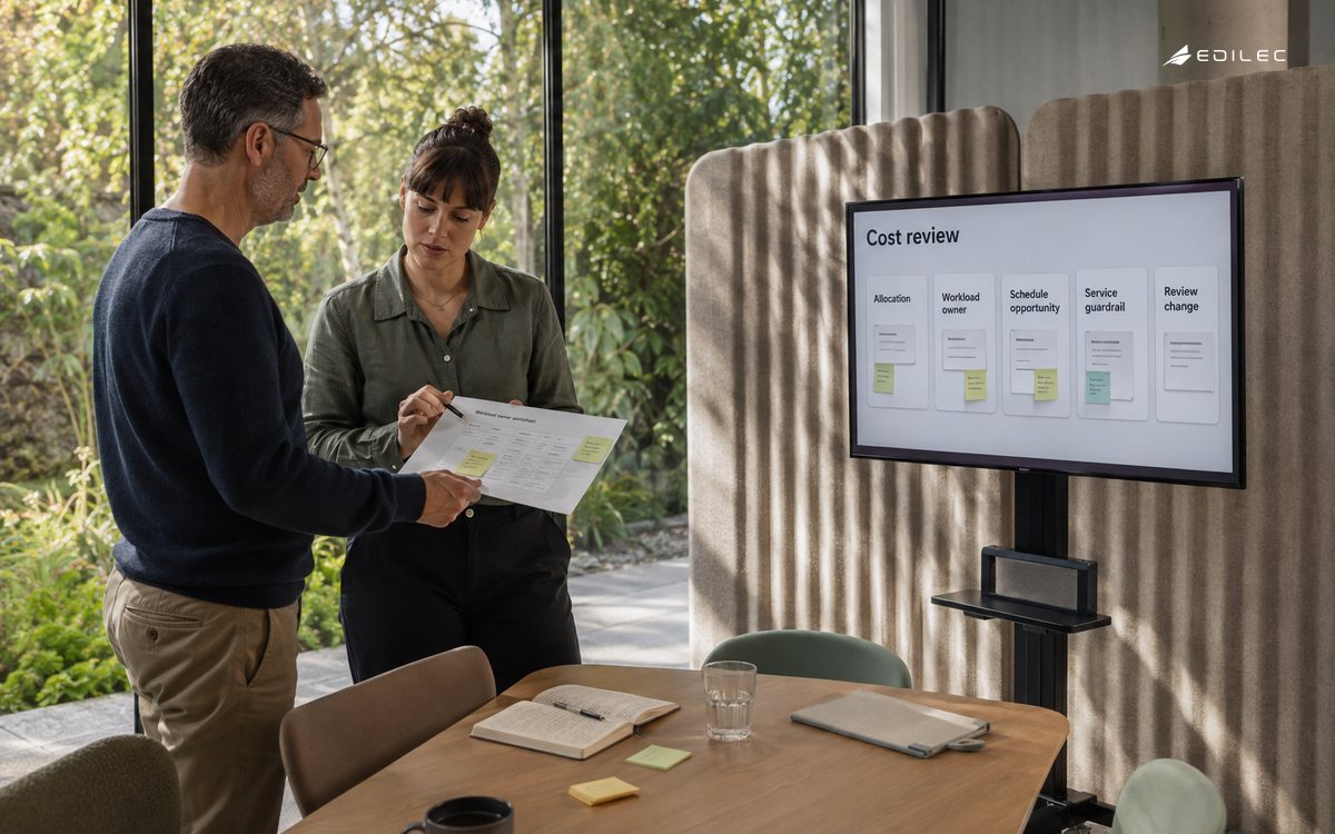 Finance and platform colleagues reviewing workload ownership and service guardrails in a garden-facing room.