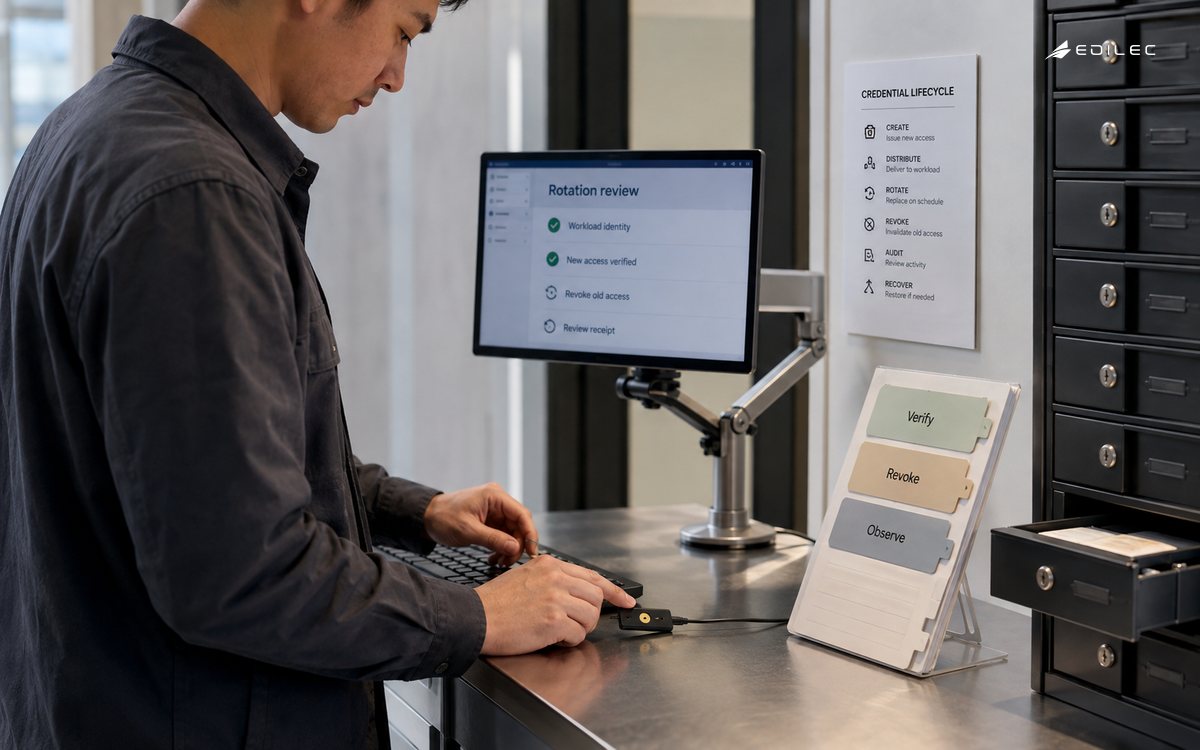 An engineer uses a hardware security key while reviewing a credential-rotation checklist.