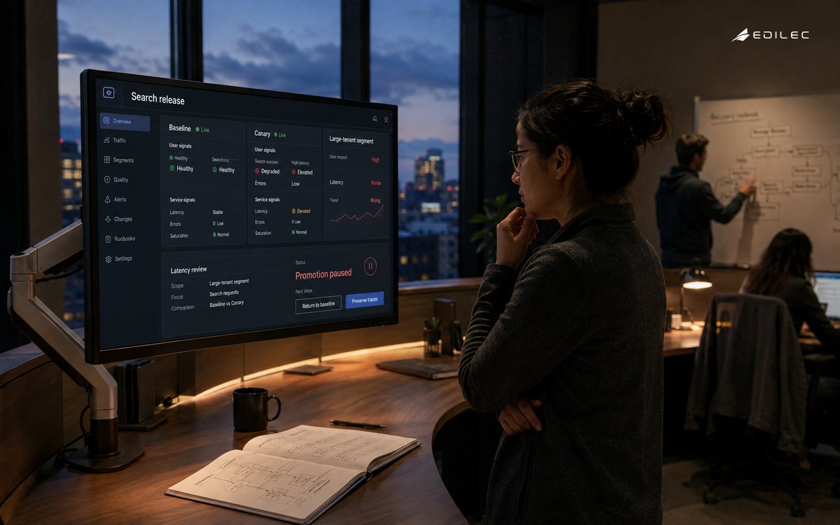 A release owner reviews a paused search canary with segmented evidence in an evening operations room.
