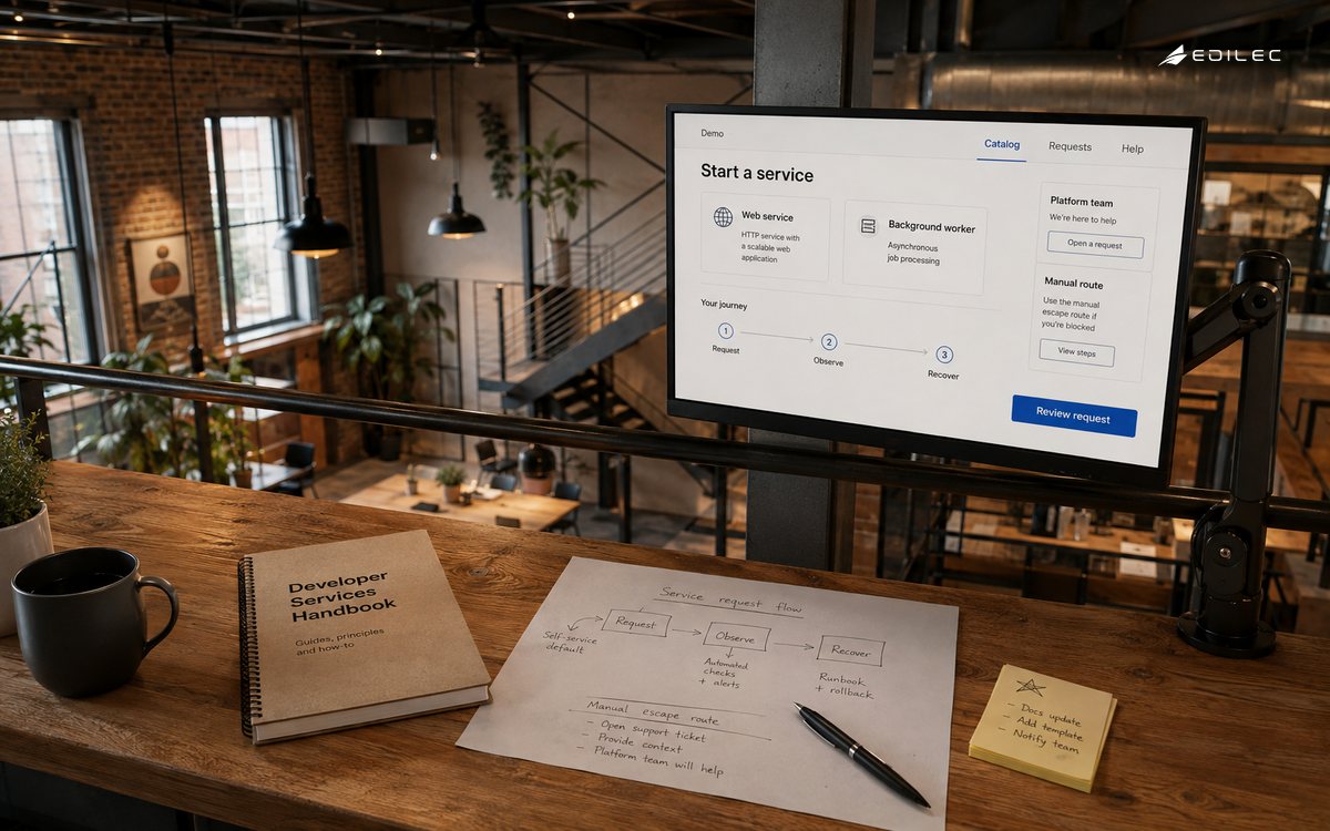 A self-service platform screen and service handbook in a loft collaboration area.