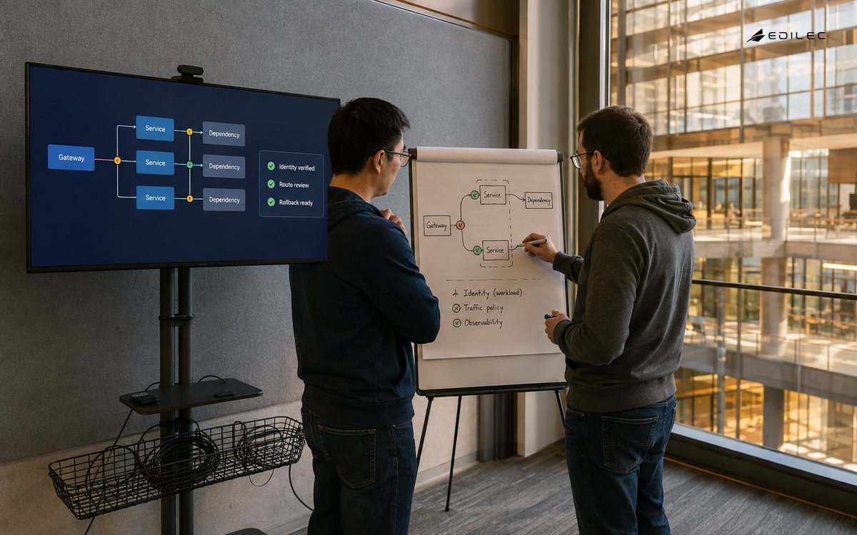 Two engineers review a service route and identity controls beside a mobile monitor stand.