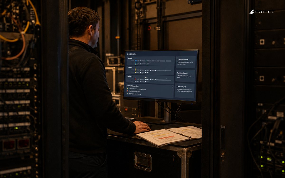 An operator examines a cross-service event timeline beside an incident runbook in a venue operations room.