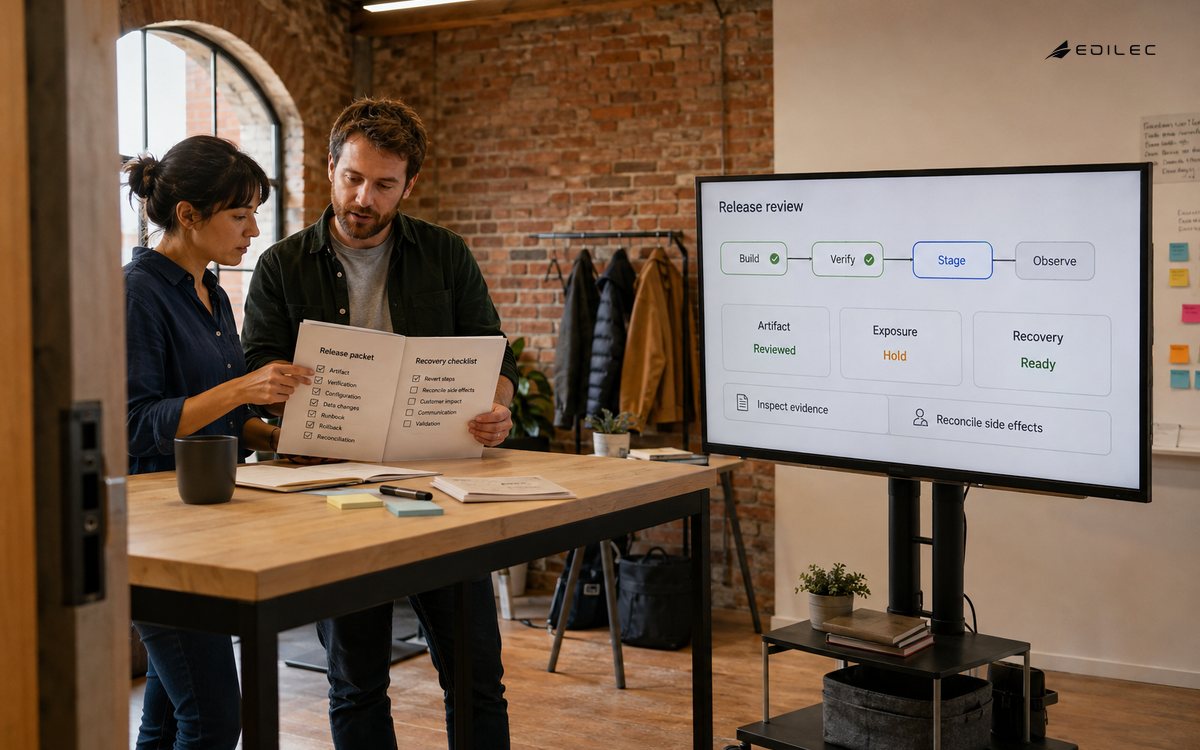 Release owners compare a recovery checklist with a staged-release workflow in a brick studio.