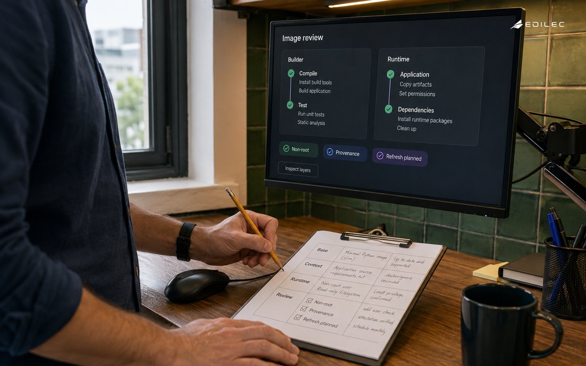 A standing engineer annotates a container-image review beside builder and runtime stage panels.