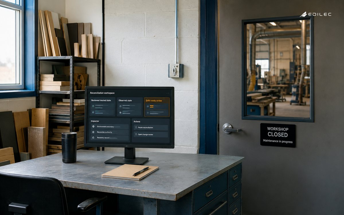 A workshop office display compares reviewed and observed states with drift requiring review.