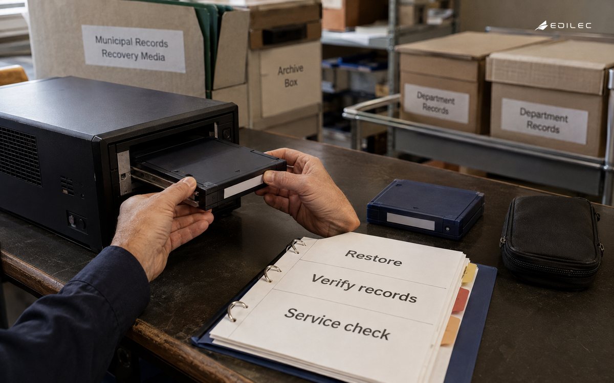 A records technician loads backup media beside a recovery runbook and verification checklist.