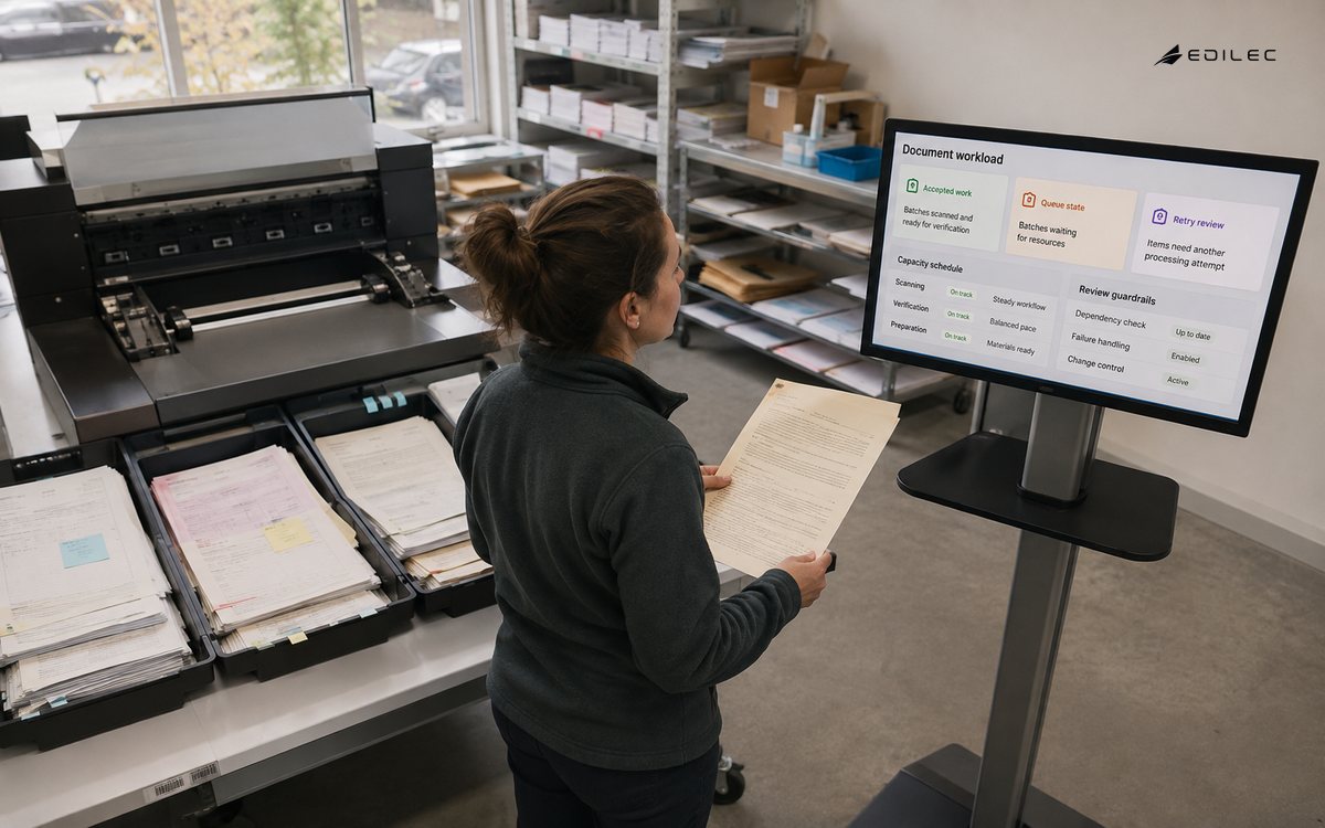 A document-processing station includes a workload and capacity-review display.