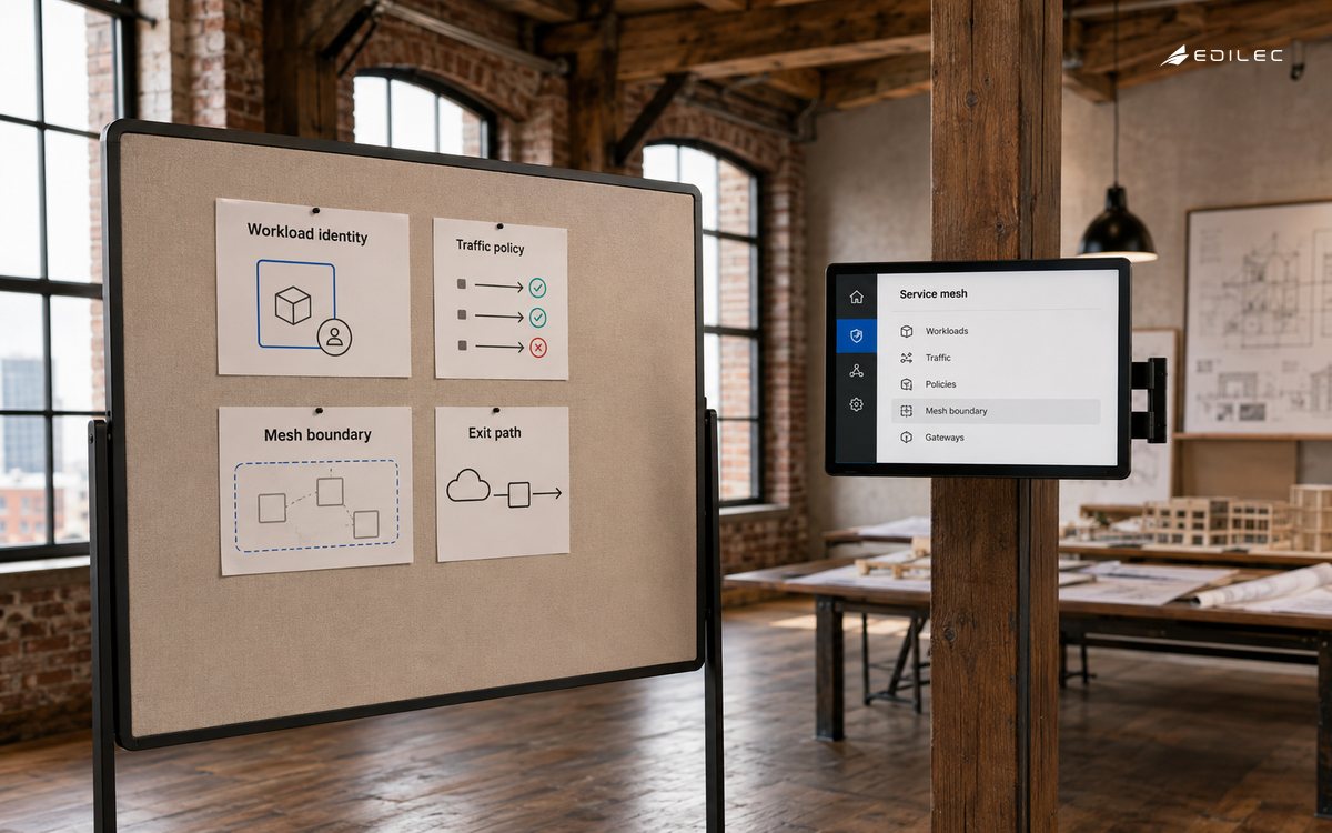 Wide documentary architecture workshop in an airy converted loft, standing pinboard with a small bounded group of service cards and a separately mounted small opaque monitor.