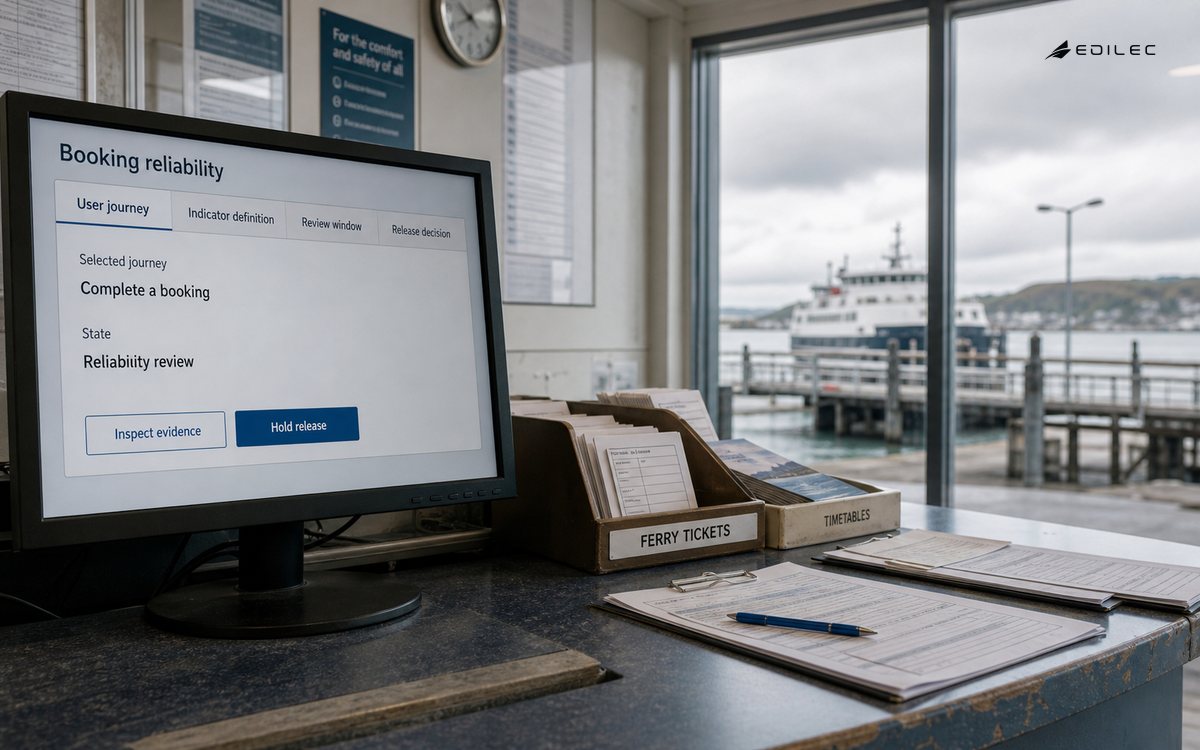 A ferry booking office frames a reliability review around completing a booking.