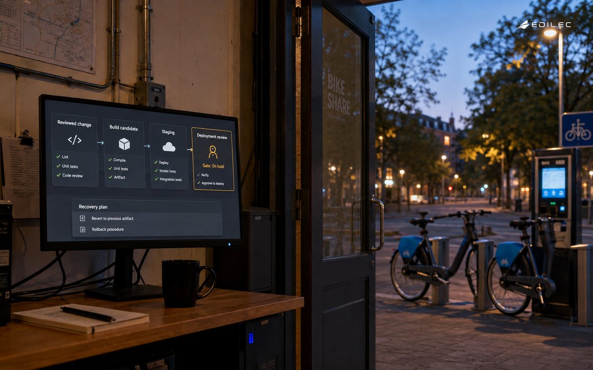 Wide low-angle photograph through an open door into a bike-share software testing corner, a pair of docked bicycles visible beyond.
