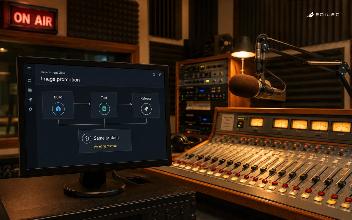 A radio engineering station shows one container artifact moving through testing and release.