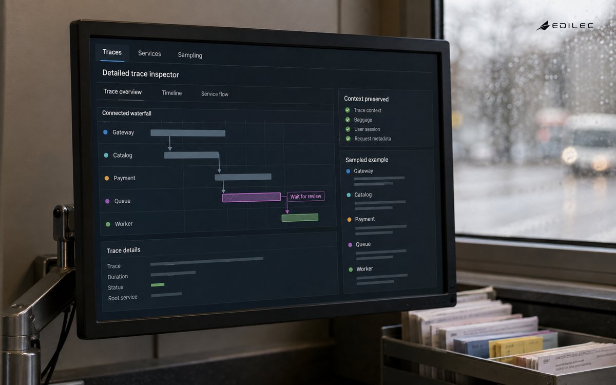 A trace inspector links gateway, payment, queue and worker operations.
