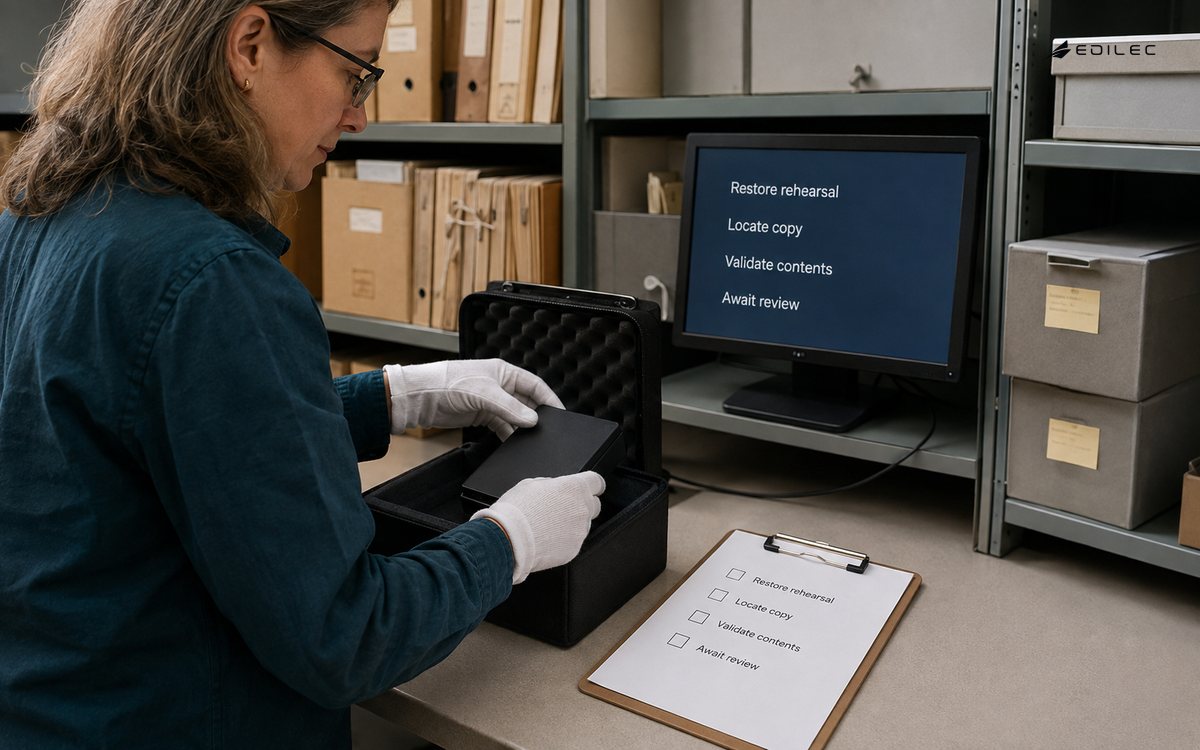 An archive technician prepares a backup drive for a documented restore rehearsal.