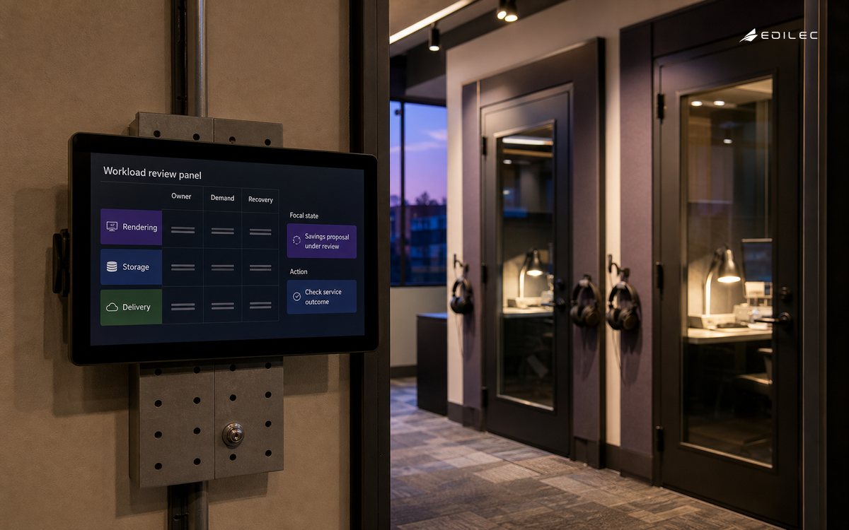 An empty media room pairs its rendering workload with an ownership and cost review.