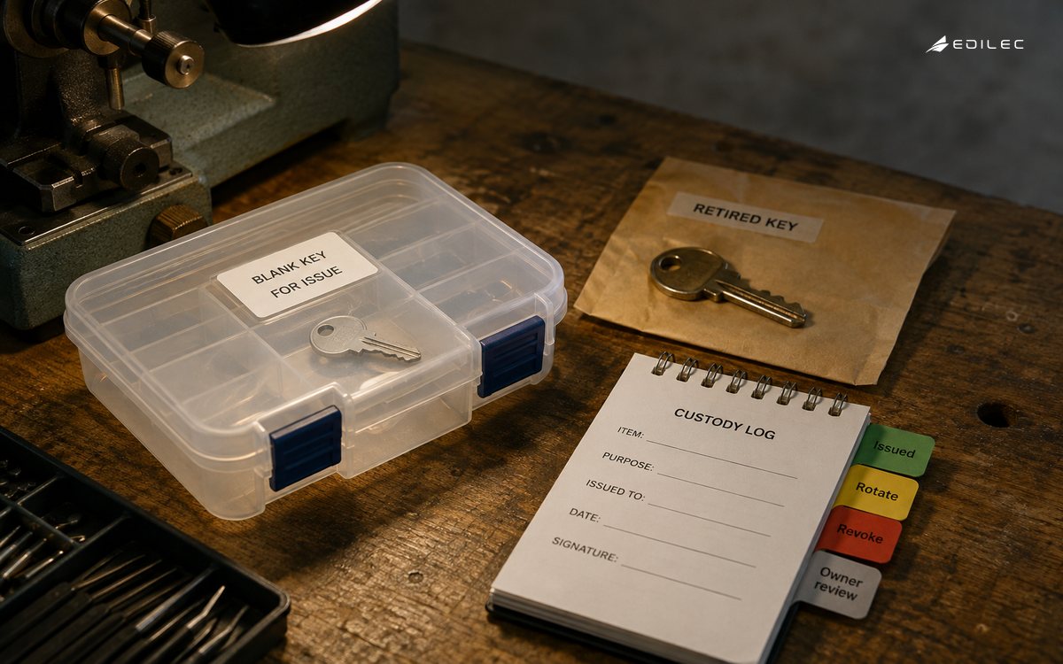 A training key and retired-key envelope illustrate issuance, rotation and revocation.