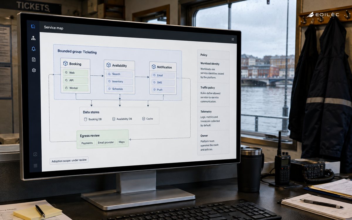A service map keeps workload scope and egress policy visible beside operating controls.