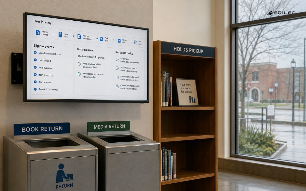 Wide documentary customer journey planning alcove in a library lending service, return bins and pickup shelf beside a modest real monitor on wall bracket.
