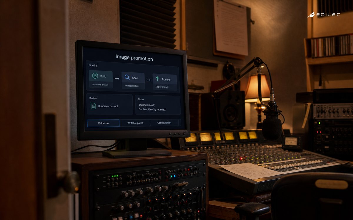 A radio technical suite shows a container-image promotion path that retains the same reviewed artifact.