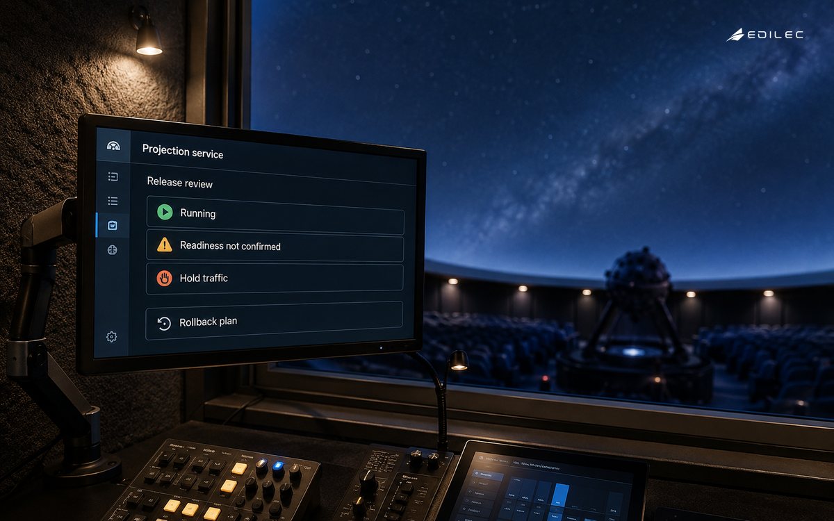 A planetarium control room displays a running service whose traffic readiness is not yet confirmed.