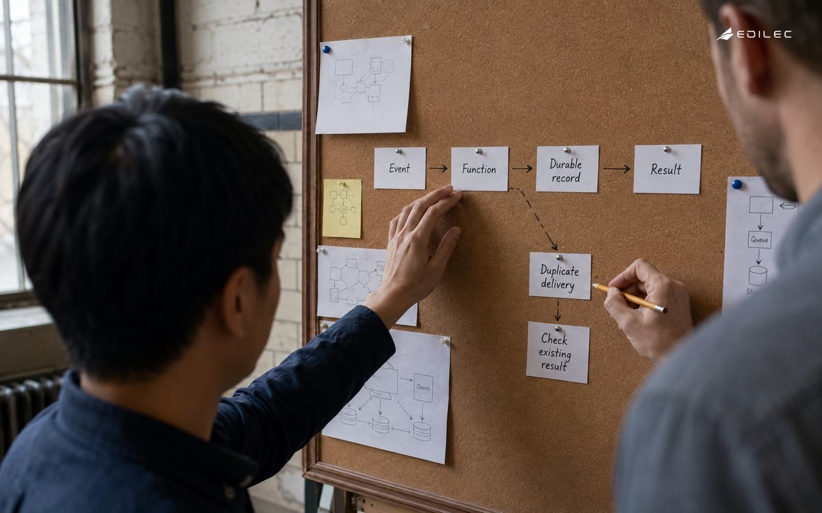 Standing engineers map an event path and a separate duplicate-delivery check on a cork board.
