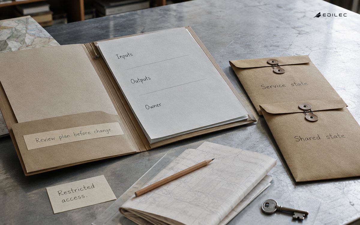 A module-contract folder sits beside separately labeled state envelopes and a plan-review gate.