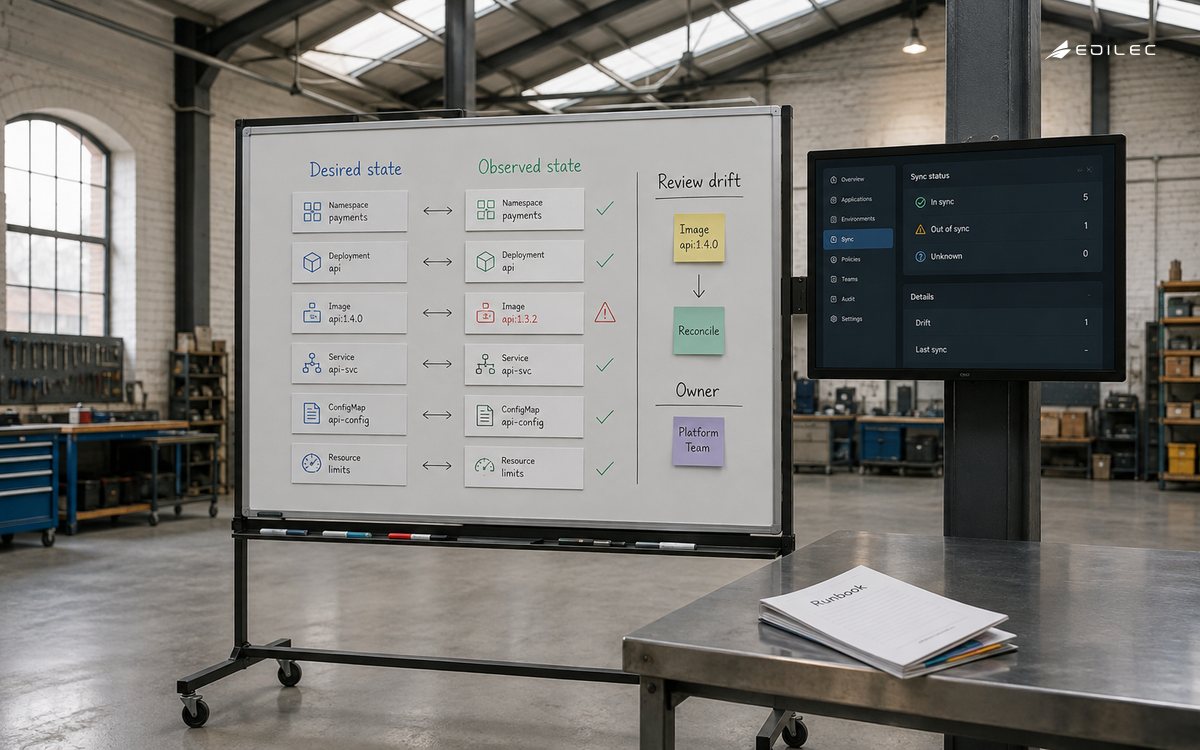 Wide empty platform operations workshop with a standing board pairing declared-state and observed-state cards, small opaque screen mounted beside it, folded runbook on steel table.