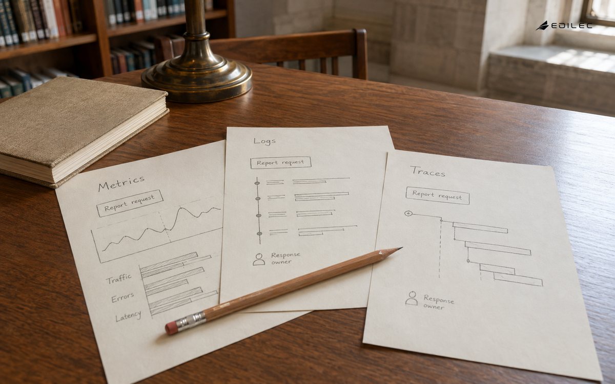 Engineering notes connect a report request across metrics, logs and traces beside a response-owner note.