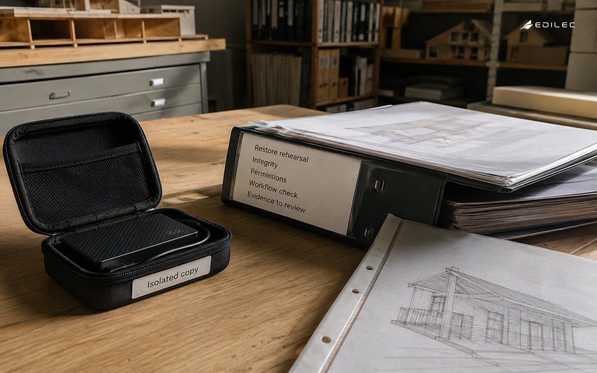 An isolated backup drive and restore rehearsal binder emphasize integrity, permissions and workflow evidence.