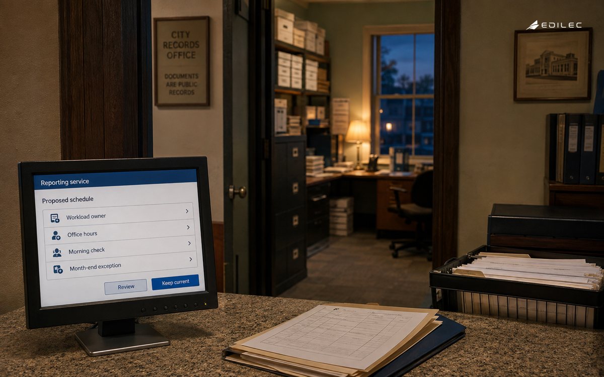 An evening records office with a reporting-service schedule awaiting review.