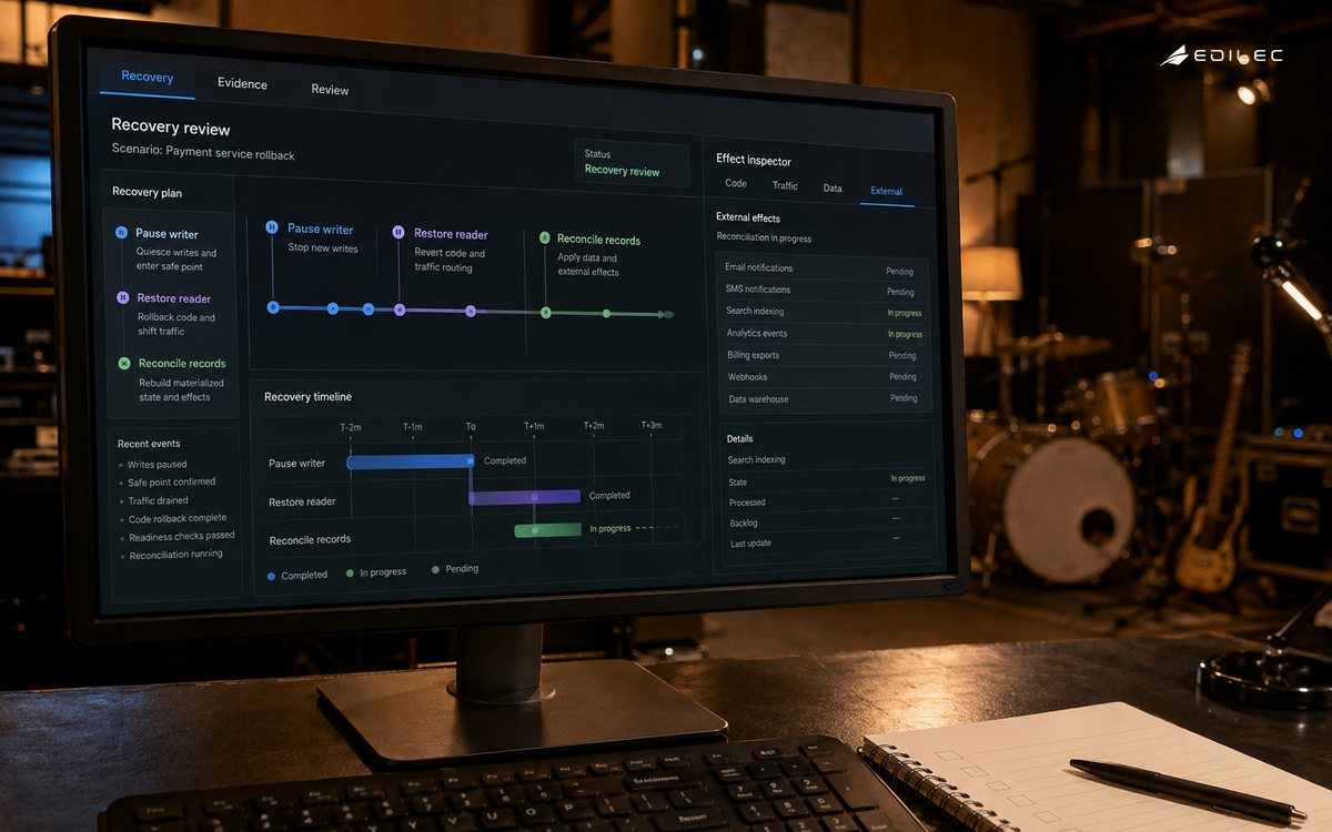 A recovery console separates code, traffic, data and external effects for review.