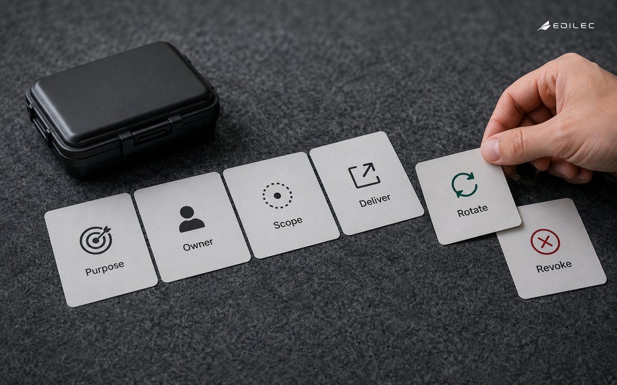 Macro editorial photo of credential lifecycle cards and a closed blank security-key storage case on felt, hand shifting a rotation card beside a revoke card, no keys or secrets printed, no display.