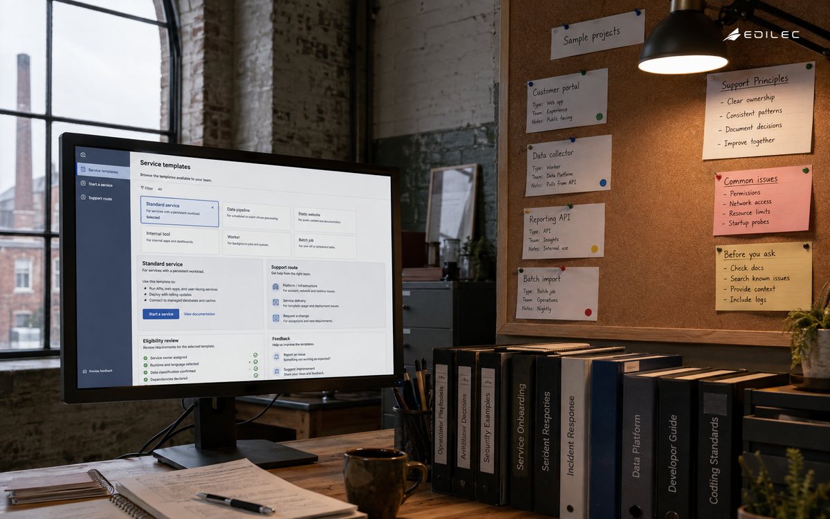 An internal platform support corner connects service templates with an explicit support route.