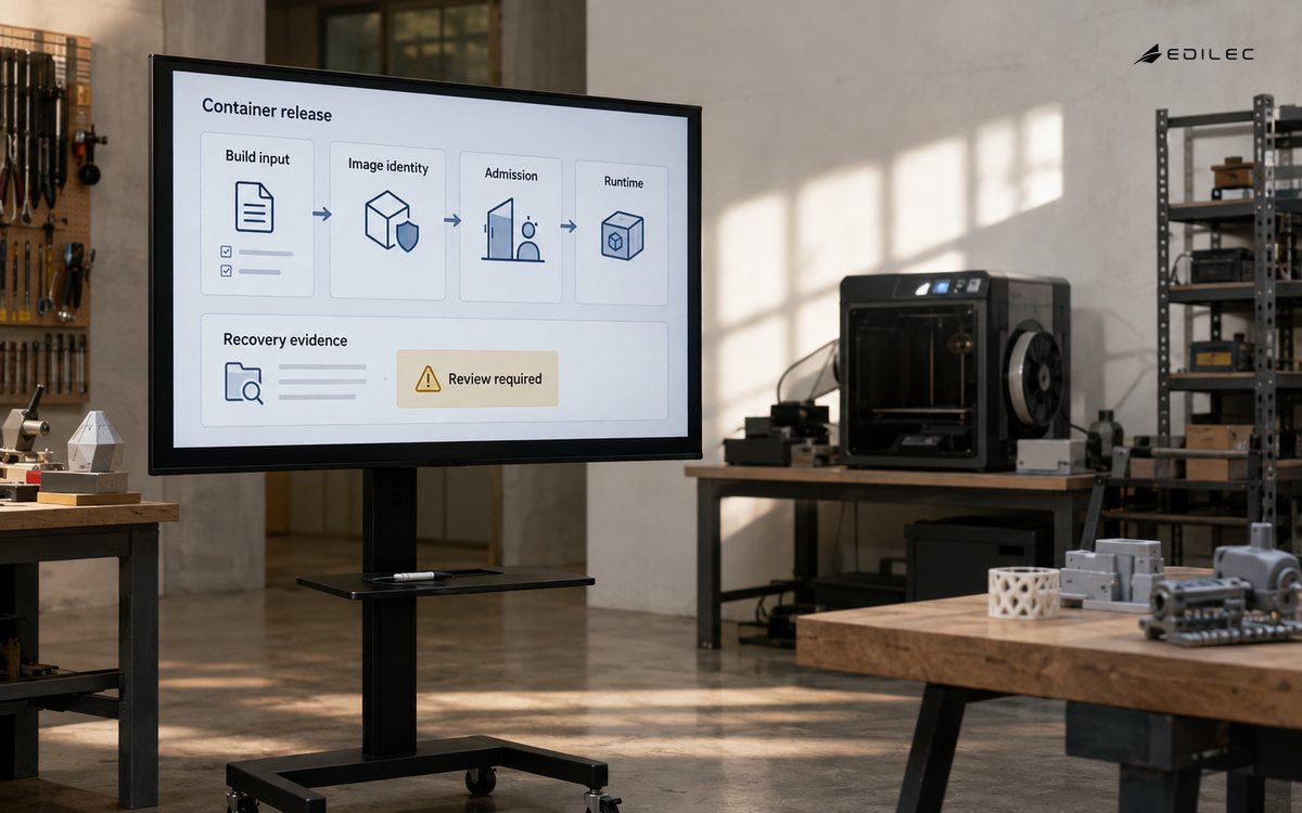 A fabrication studio release station shows the container lifecycle awaiting review.