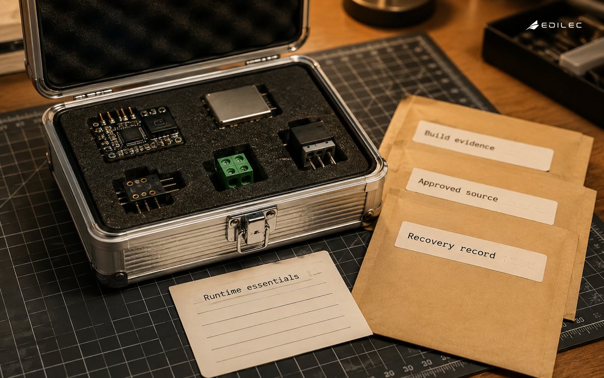 A fitted essential-parts kit and provenance records form a tactile analogy for a controlled runtime package.