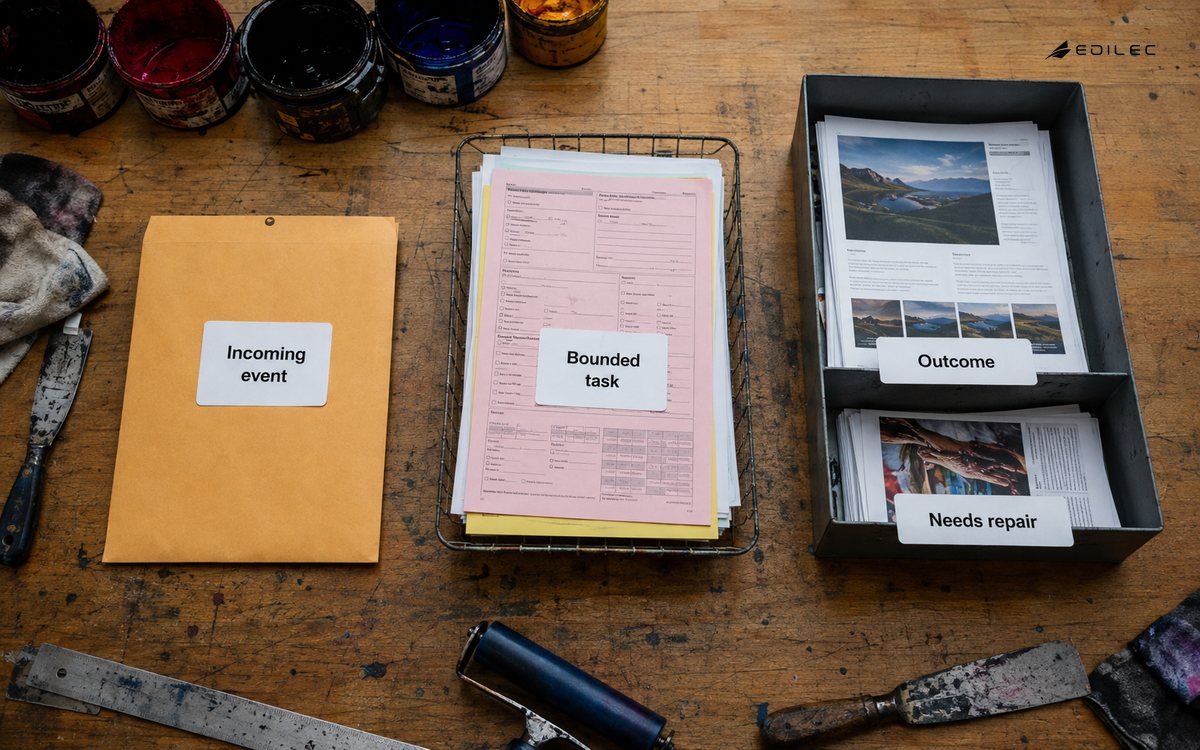 Overhead photograph on a community printshop sorting table: one incoming job envelope, a separate returned-work tray and a clear paper sequence of input, task and outcome.