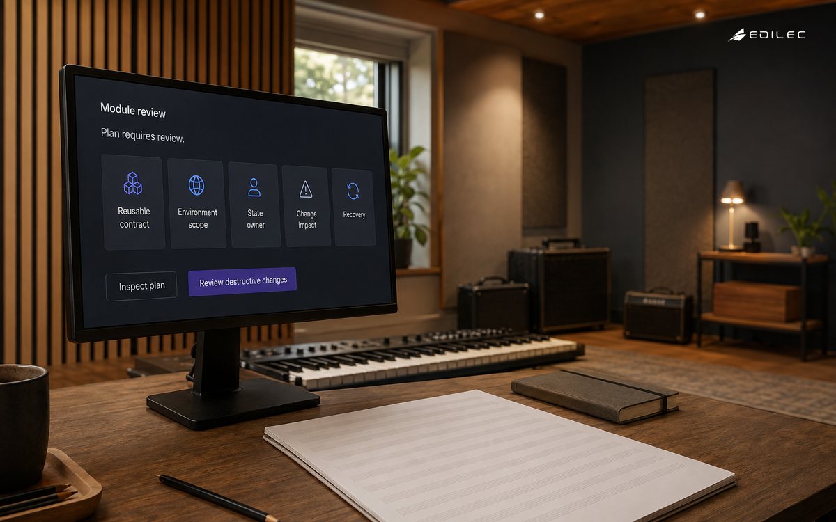 An audio product studio pairs environment planning with a module contract and state-owner review.