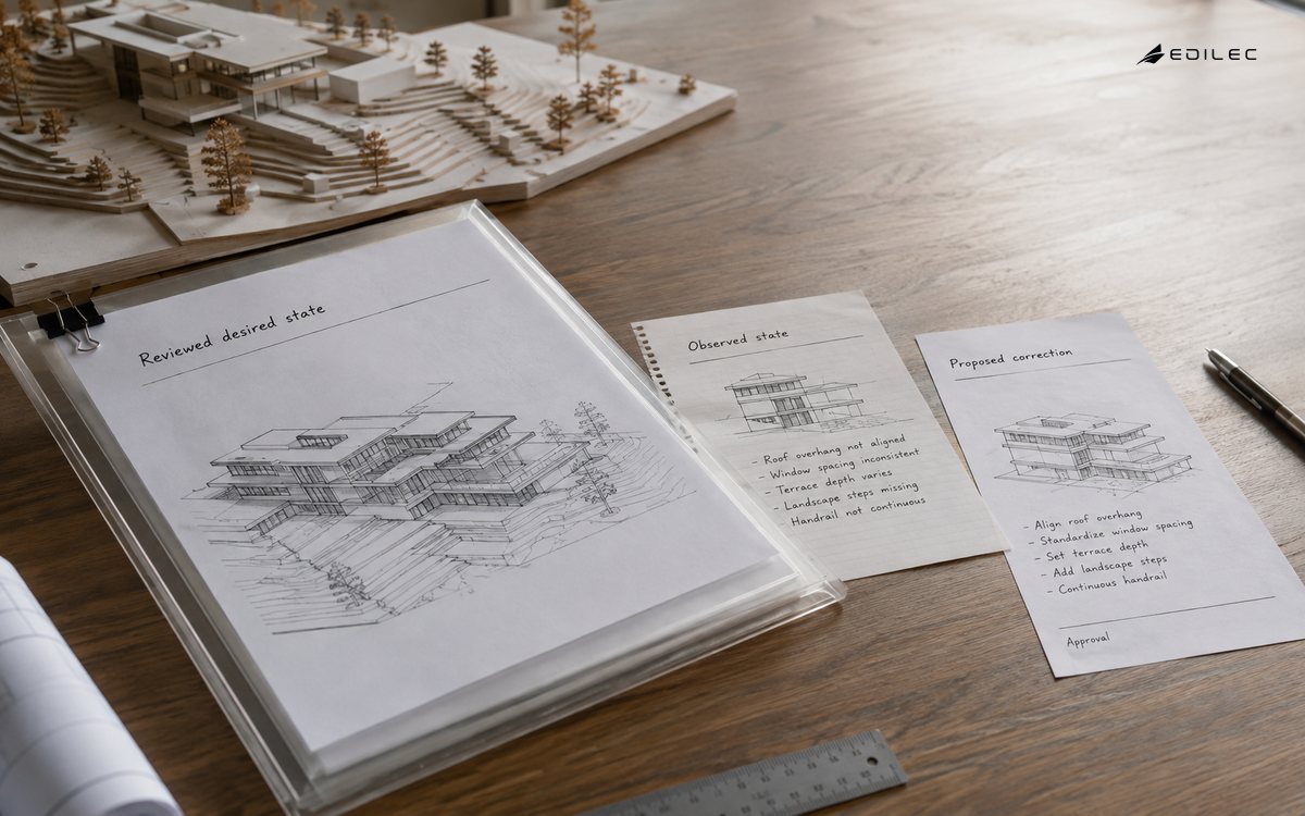Low oblique paper-only photo on an architectural model studio worktable.
