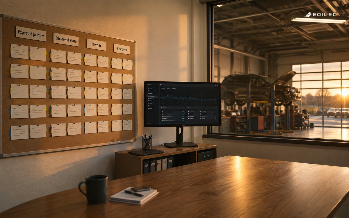 Wide empty small-business service planning room overlooking a workshop, journey evidence cards across pinboard and modest opaque monitor on stand.