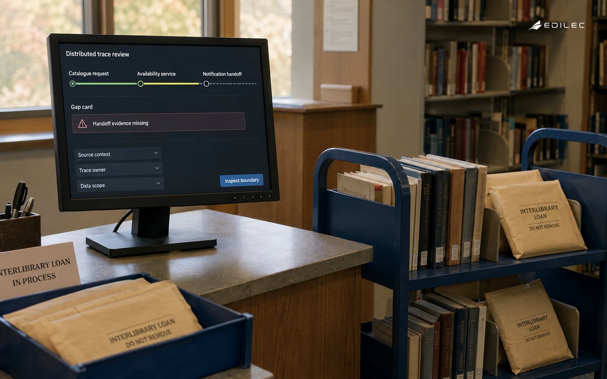 A library transfer desk displays a request trace with a missing service-handoff record.