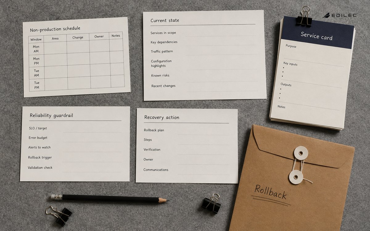 Editorial top-down photograph of a product planning tabletop with a physical service card set aside next to a maintenance schedule and rollback envelope.