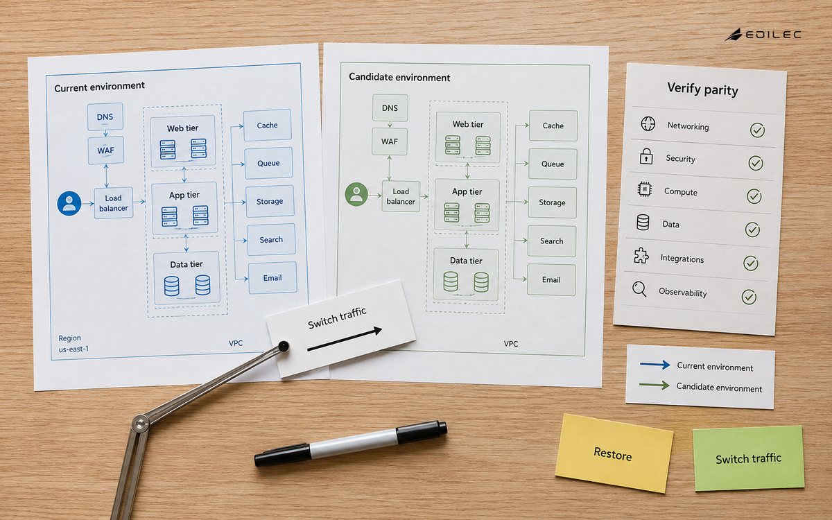 Top-down editorial photograph of two complete paper environment plans colored muted blue and muted green, an articulated traffic-route card points to one, compatibility checklist between them.