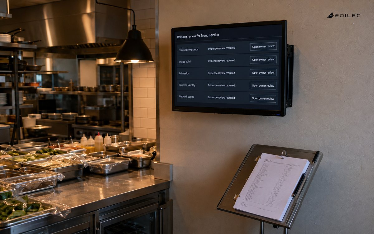 A menu-service release review is visible beside a test-kitchen planning alcove.